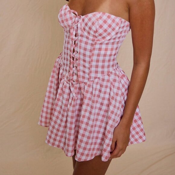 Pink Boho Women's Gingham plaid Elegant Festival Birthday Sweet mini dress - Picture 5 of 5